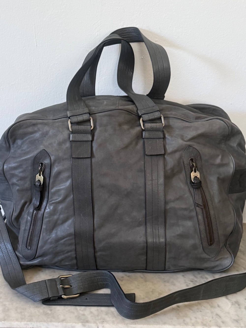 Bally Large Leather Weekender Duffle Bag Slate Blue Travel Carry-On